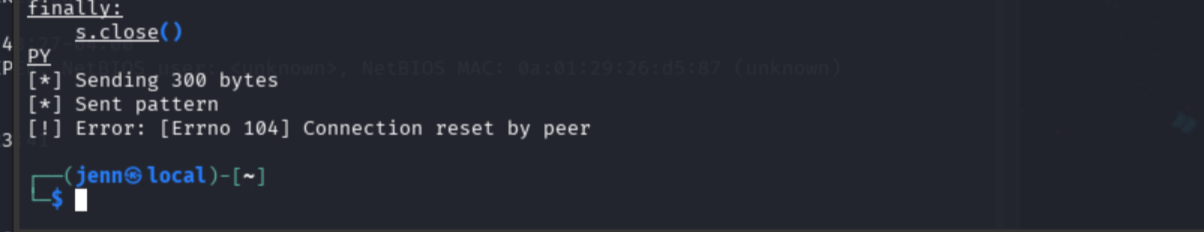 Cyclic pattern sent to port 31337, service crashes as expected